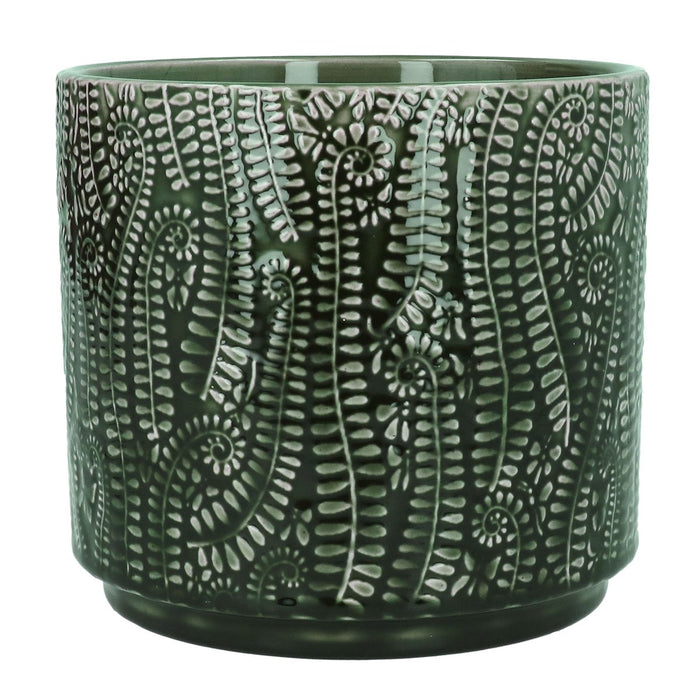 Gisela Graham  Dark Green Fern Stoneware Pot Cover 15cm