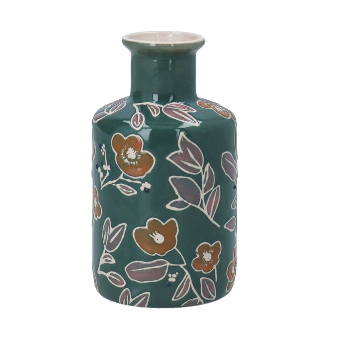 Gisela Graham Teal Floral Decorated Stoneware Bottle Vase 12cm