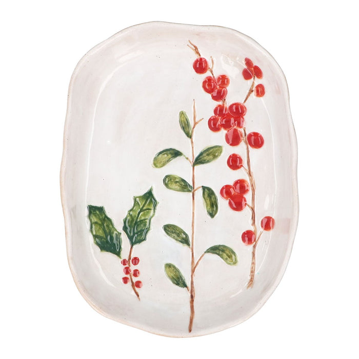 Gisela Graham Holly & Red Berries Stoneware Oval Dish 21cm