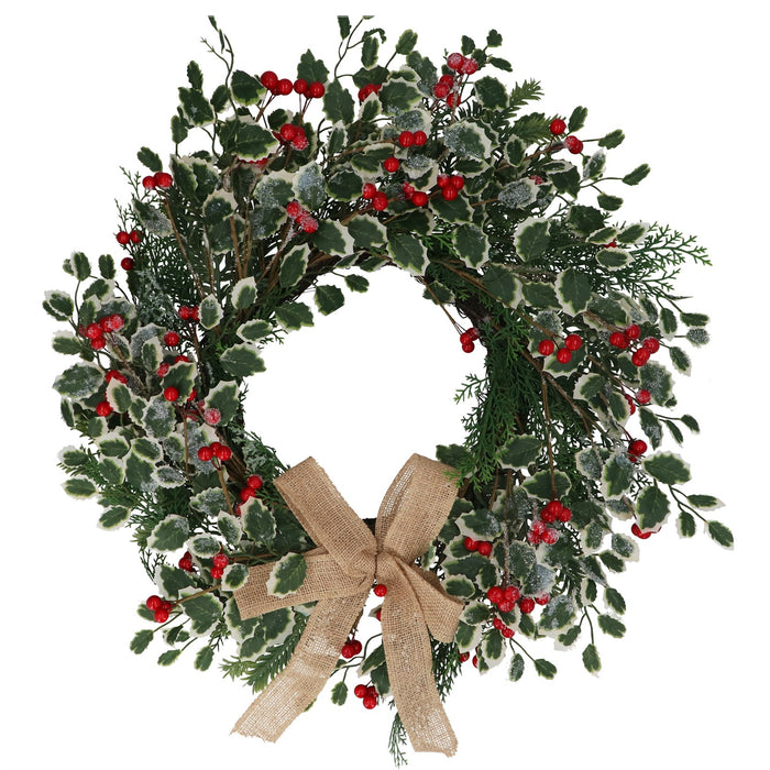 Gisela Graham Variegated Holly With Bow Wreath 56cm