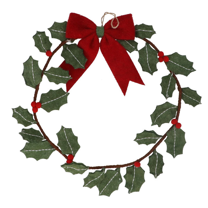 Gisela Graham Holly Leaves & Red Berries Felt Wreath 37cm