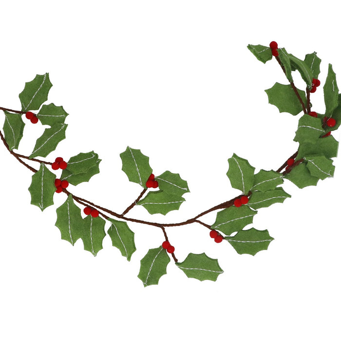 Gisela Graham Holly Leaves & Red Berries Felt Garland 1.2m