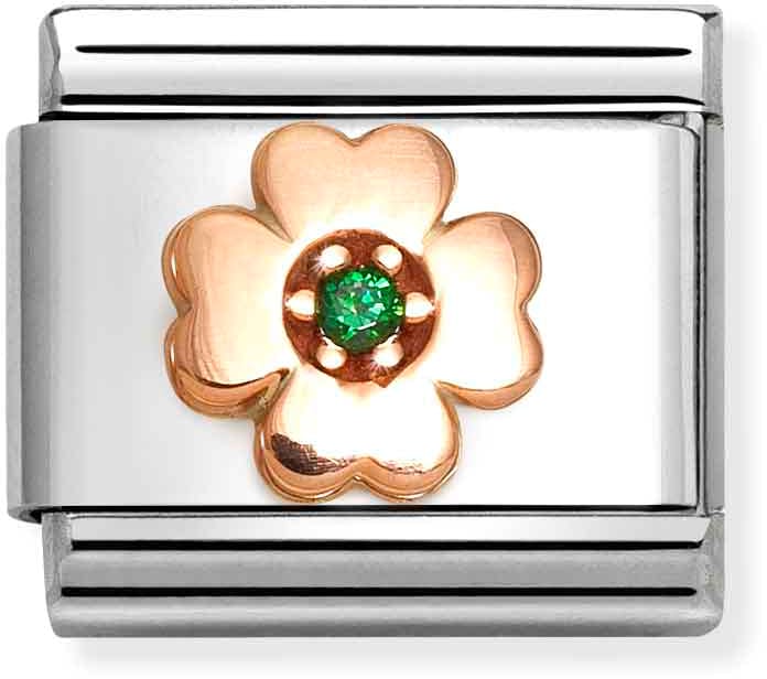 Nomination Classic Rose Gold Symbols Four Leaf Clover With Green Cubic Zirconia Charm