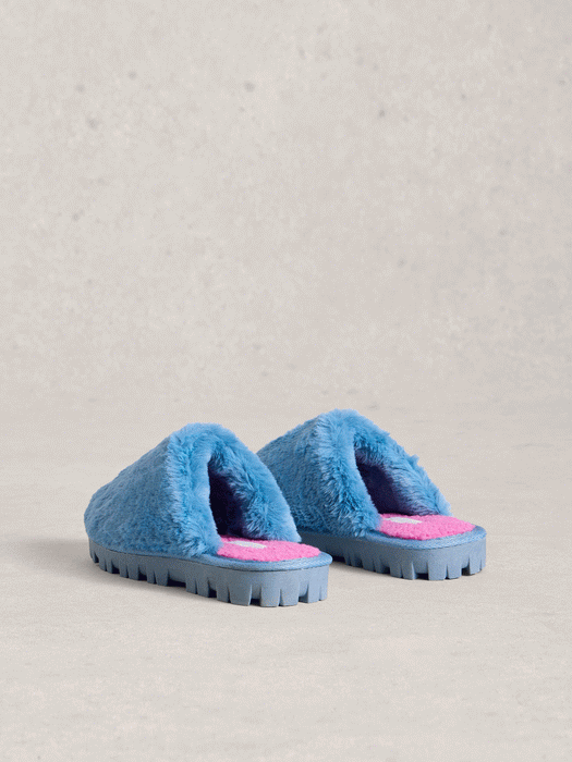 White Stuff Women's Faux Fur Slippers In Bright Blue