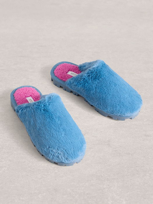 White Stuff Women's Faux Fur Slippers In Bright Blue