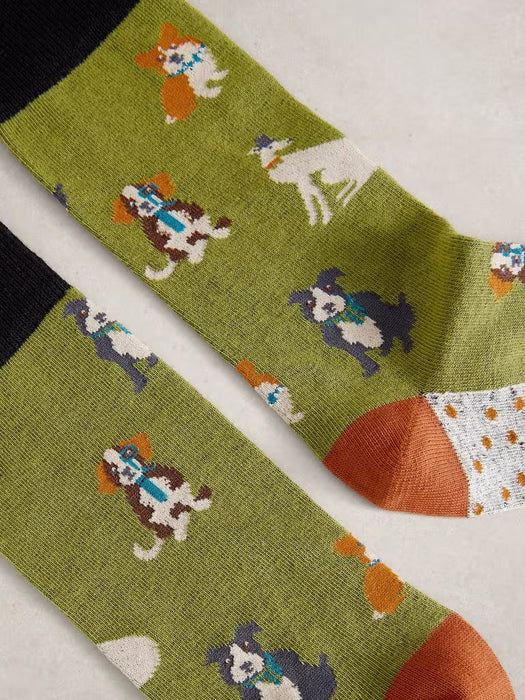 White Stuff Men's Dapper Dogs Ankle Sock in Green Multi