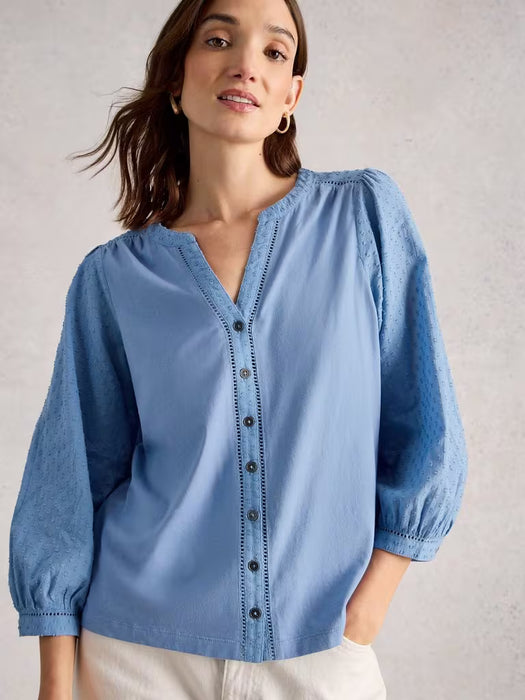White Stuff Women's Daisy Dobby Mix SS Top In Mid Blue