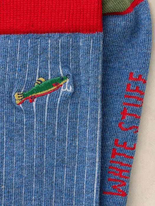 White Stuff Men Fish Embroidery Ankle Sock In Dark Blue