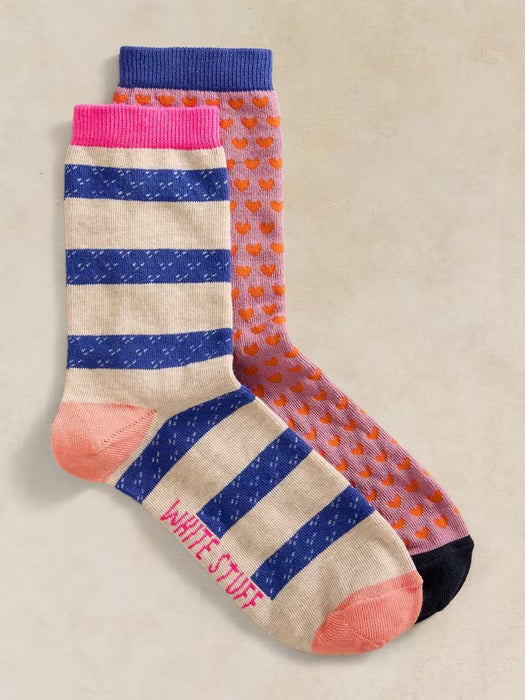 White Stuff Women's 2 Pack Stripe Heart Ankle Sock In Grey Multi