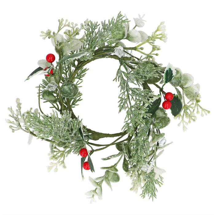 Gisela Graham Frosted Foliage With Red Berry Candle Ring 23cm