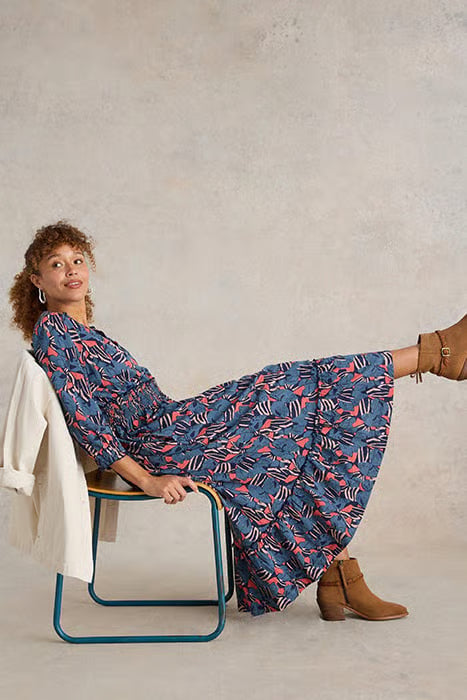 White Stuff Jonie Shirred Jersey Dress In Blue Print