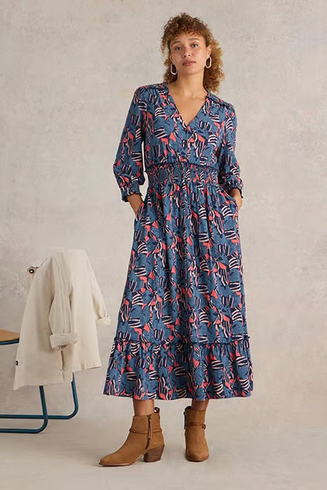 White Stuff Jonie Shirred Jersey Dress In Blue Print