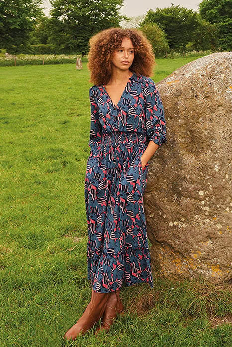 White Stuff Jonie Shirred Jersey Dress In Blue Print