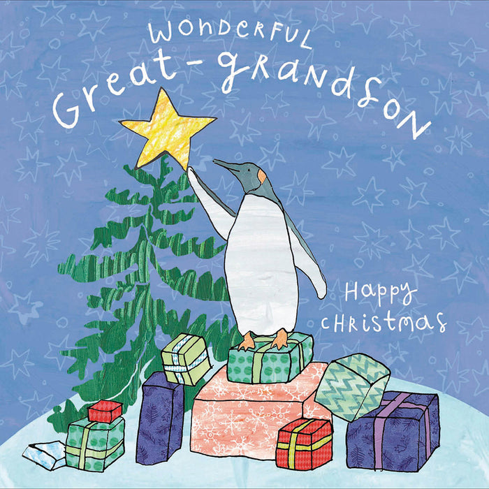 Woodmansterne 'Great Grandson Penguin Decorates Tree' Christmas Card