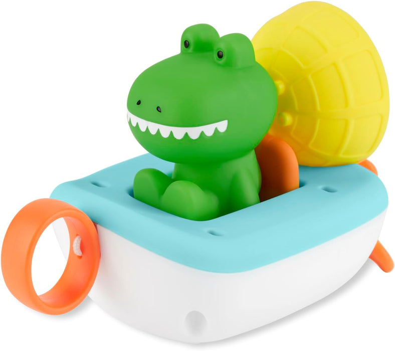 A colorful children's bath toy featuring a green alligator sitting in a white and light blue boat with orange handles and a yellow shell on a white background.