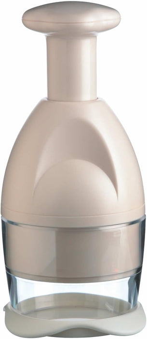 A beige plastic food chopper with a clear plastic container and a white base, shown against a plain white background.