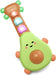A colorful avocado-shaped baby toy guitar with a smiling face, featuring a light green body, brown neck, and four colorful button panels on the neck.