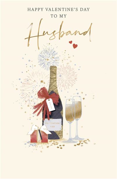 Valentine's Day card with champagne bottle, glass, and decorative elements on a beige background