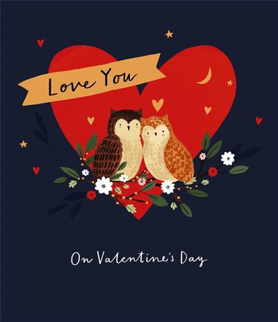 Valentine's Day card with two owls, a heart, and 'Love You' banner on a dark blue background.