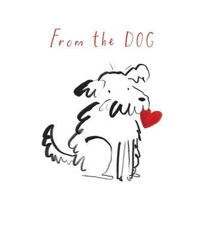 Cartoon dog holding a heart with text 'From the DOG' on a white background