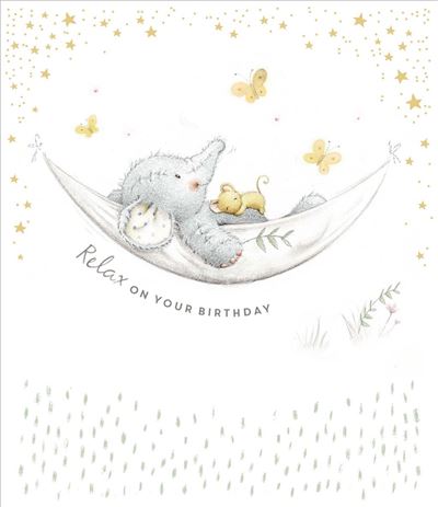 Cartoon animals in a hammock with stars and butterflies on a birthday card.