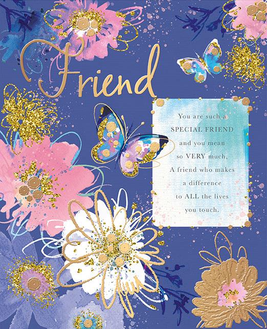 A square greeting card or art print featuring the word 'Friend' in large gold script, surrounded by pink, white, and gold flowers, blue butterflies, and a light blue text box with a message about a special friend on a blue background.