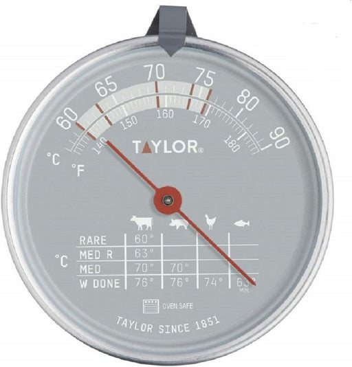 A round Taylor oven-safe thermometer with a silver metallic face and rim, featuring dual temperature scales in Celsius and Fahrenheit, a red needle, and cooking time/temperature guides printed on the dial.