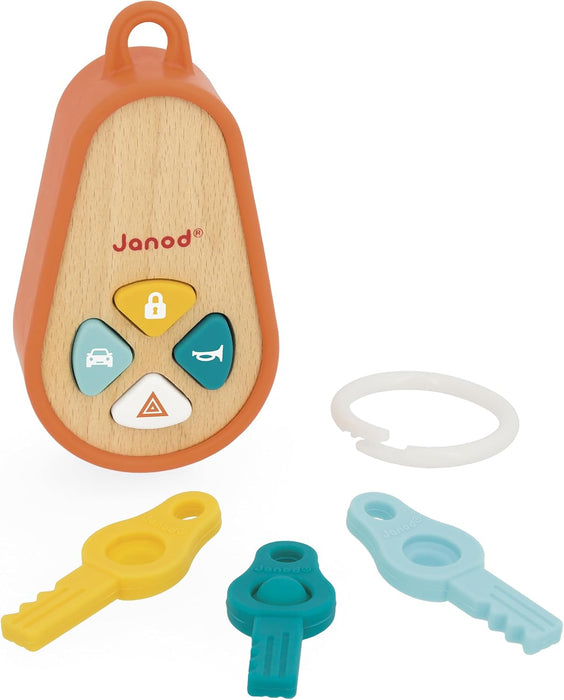 Juratoys Janod Wooden And Silicone Baby Keyring With 4 Sounds And 3 Keys
