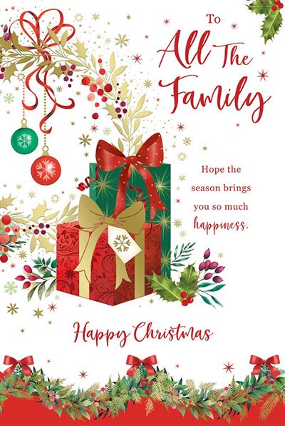 A festive Christmas greeting card design with the text 'To All The Family' and 'Happy Christmas.' The card features illustrated wrapped gifts, red bows, holly, berries, ornaments, and a green garland border on a white background.