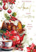A festive Christmas greeting card design featuring a decorated pudding on a plate, a red teapot, a cup of tea, poinsettias, ornaments, and the text 'TO A SPECIAL Aunt HAPPY Christmas Have A Wonderful Time' on a white background.