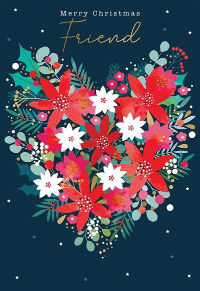 A festive Christmas greeting card design with the words 'Merry Christmas Friend' at the top, featuring a heart-shaped arrangement of red poinsettias, white flowers, pink blossoms, green leaves, and berries on a dark navy blue background with small white stars.