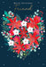 A festive Christmas greeting card design with the words 'Merry Christmas Friend' at the top, featuring a heart-shaped arrangement of red poinsettias, white flowers, pink blossoms, green leaves, and berries on a dark navy blue background with small white stars.