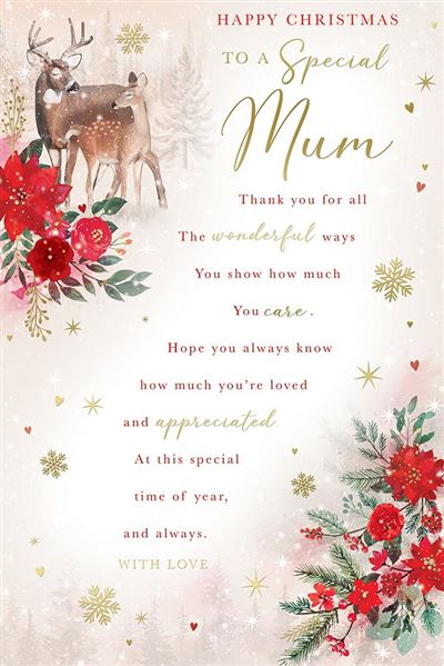 A festive Christmas card design with a warm cream background, featuring a watercolor stag illustration, red poinsettias, green foliage, gold snowflakes, and a heartfelt message reading 'Happy Christmas to a Special Mum'.