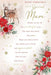 A festive Christmas card design with a warm cream background, featuring a watercolor stag illustration, red poinsettias, green foliage, gold snowflakes, and a heartfelt message reading 'Happy Christmas to a Special Mum'.