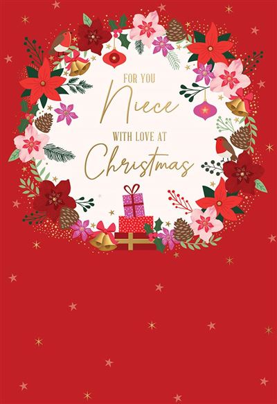 A festive Christmas greeting card design with a red background, a floral wreath around the center, and the words 'FOR YOU Niece WITH LOVE AT Christmas' in gold script. The wreath includes pink and red flowers, green leaves, pinecones, small ornaments, and a small gift box near the bottom.