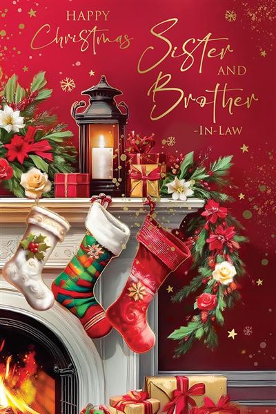 A festive Christmas-themed graphic with the text 'Happy Christmas Sister and Brother - In-Law' on a red background. The scene shows a decorated fireplace mantel with three hanging stockings, a lantern, wrapped gifts, poinsettias, and a burning fire.
