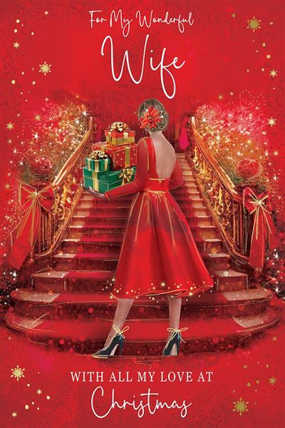 A festive red Christmas-themed card or print featuring a woman in a red dress standing on a grand staircase with wrapped gifts, surrounded by gold ornaments and sparkles. White script text reads 'For My Wonderful Wife' at the top and 'With All My Love At Christmas' at the bottom.