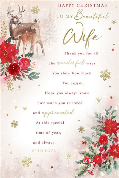 A festive Christmas greeting card with a warm cream background, featuring a poem addressed to a wife, decorated with watercolor-style red poinsettias, green leaves, gold snowflakes, and an illustration of two deer at the top left.