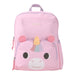 A pink backpack featuring a cartoon unicorn face on the front pocket, with a small striped horn and pink ear details, photographed on a plain white background.