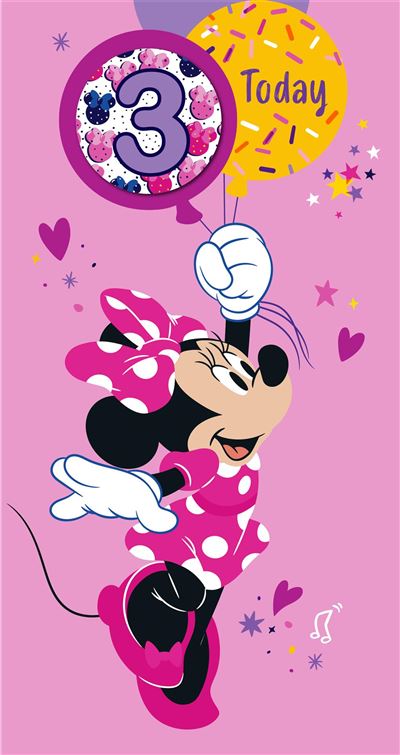 A pink Minnie Mouse birthday graphic with a large balloon showing the number 3 and another balloon that says 'Today' in yellow, decorated with hearts, stars, and confetti.