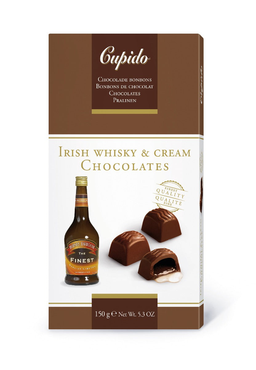 Cupido Irish Whisky & Cream Chocolates packaging box, featuring brown and white design with an illustration of a bottle and chocolate pieces.