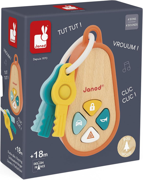 Juratoys Janod Wooden And Silicone Baby Keyring With 4 Sounds And 3 Keys