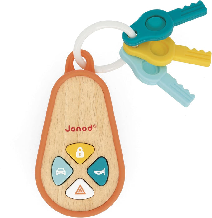 Juratoys Janod Wooden And Silicone Baby Keyring With 4 Sounds And 3 Keys