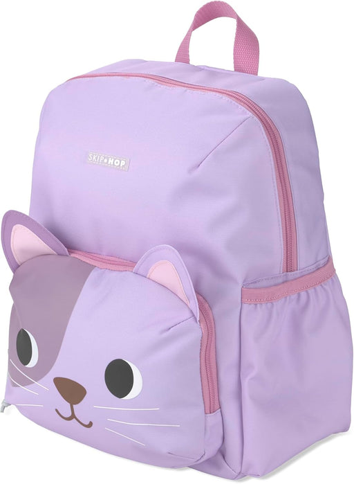 A light purple children's backpack with a cat-face front pocket, pink zippers and handle, and a small Skip Hop logo on the front.