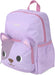 A light purple children's backpack with a cat-face front pocket, pink zippers and handle, and a small Skip Hop logo on the front.