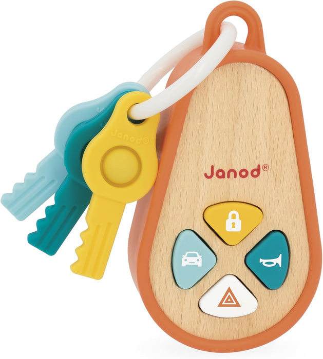 Juratoys Janod Wooden And Silicone Baby Keyring With 4 Sounds And 3 Keys