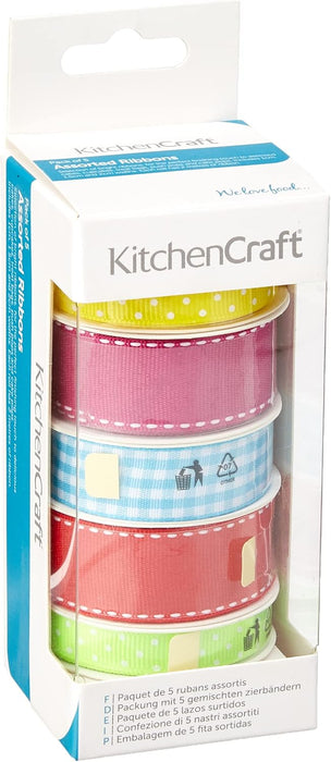 KitchenCraft washi tape roll set in a white and blue retail box, showing five rolls of patterned tape: yellow with white dots, pink with white dots, pink gingham, red gingham, and green with white dots.