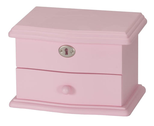 A small pink wooden jewelry box with two drawers, featuring a silver keyhole on the top drawer and a round pink knob on the bottom drawer, set against a plain white background.