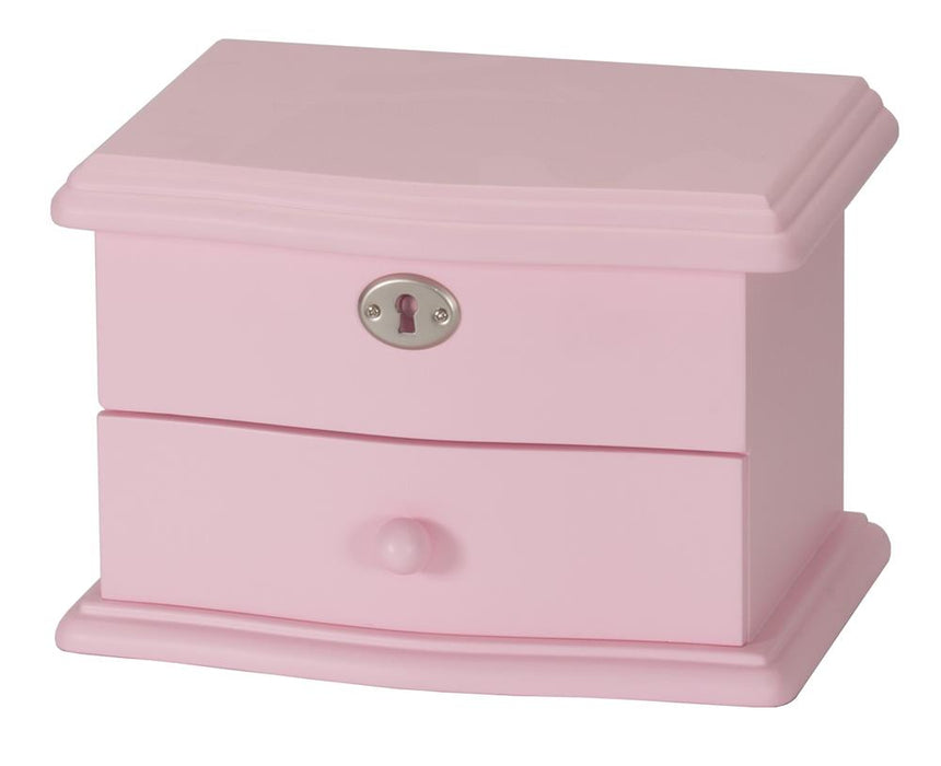 A small pink wooden jewelry box with two drawers, featuring a silver keyhole on the top drawer and a round pink knob on the bottom drawer, set against a plain white background.