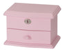 A small pink wooden jewelry box with two drawers, featuring a silver keyhole on the top drawer and a round pink knob on the bottom drawer, set against a plain white background.